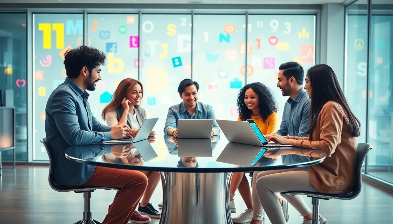 diverse team in a modern workspace discussing digital communication trends.